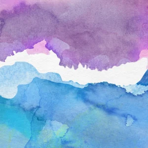 Soft washes of purple and blue flow together like drifting clouds over a calm sea, creating a tranquil abstract landscape.