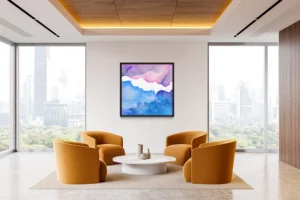 Soft washes of purple and blue flow together like drifting clouds over a calm sea, creating a tranquil abstract landscape.