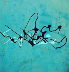 Deep blue strokes ripple across a textured sea‑green background.