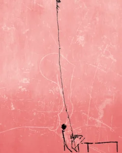 A stark black line cuts through a textured pink field, creating a sense of fragile balance.