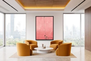 A stark black line cuts through a textured pink field, creating a sense of fragile balance.