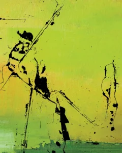 A bright gradient of green and yellow is disrupted by splintered black lines, giving the artwork a charged, electric atmosphere.