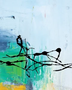 Fluid textures of blue and green meet sharp, branching black forms.