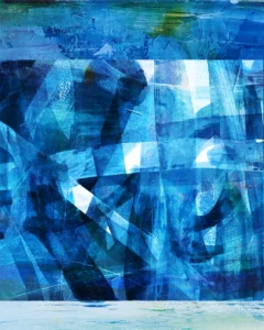 Overlapping paths, various shades of blue like breaking ice. Light and shadow interweave, adding depth and dynamic effect.