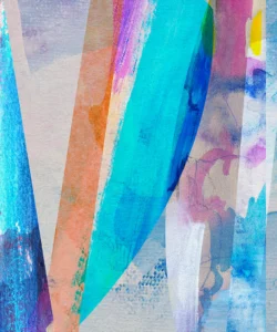A vibrant abstract composition of layered brushstrokes and translucent textures in bold blues, pinks, and warm earth tones, perfect for adding modern energy and artistic flair to any space.
