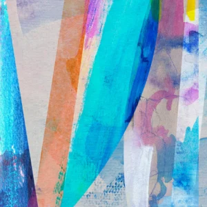 A vibrant abstract composition of layered brushstrokes and translucent textures in bold blues, pinks, and warm earth tones, perfect for adding modern energy and artistic flair to any space.