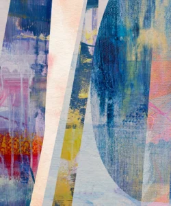 A richly textured abstract artwork featuring layered vertical forms in deep blues, soft pastels, and vibrant bursts of yellow and red, creating a dynamic sense of movement and contemporary sophistication.