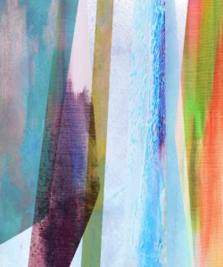 A luminous abstract piece of flowing vertical forms in cool blues, soft violets, and vibrant citrus hues, blending delicate textures with bold color to evoke a serene yet energetic modern aesthetic.