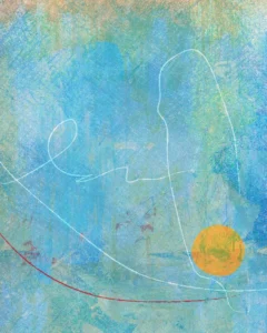 Soft layers of blue and green wash together like sky meeting sea, while a bright golden circle anchors the composition.