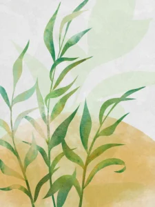 Delicate watercolor leaves rise gracefully, blending earthy gold with soft natural greens.