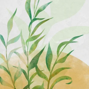 Delicate watercolor leaves rise gracefully, blending earthy gold with soft natural greens.