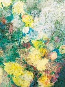 Radiant blooms shimmer softly, blending vibrant colors into a sunlit dreamscape.