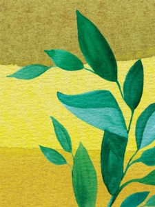 Vibrant green leaves rise against golden hues, blending warmth with nature’s grace.