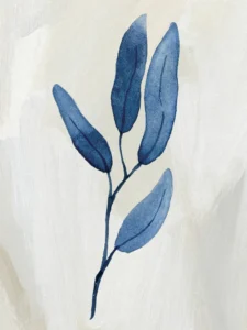 Minimal blue leaves extend gracefully, standing quiet against a soft neutral backdrop.
