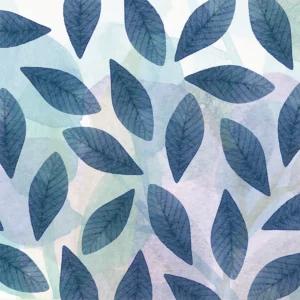 Deep blue leaves scatter rhythmically, layered over soft watercolor shades beneath.