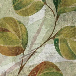 Textured green leaves with earthy tones branch outward, evoking timeless natural harmony.