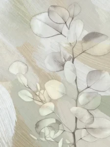 Soft eucalyptus leaves in muted sage tones drift gently across textured background.