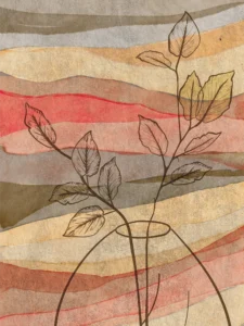 Delicate line-drawn leaves extend upward, framed by flowing layers of earthy tones.
