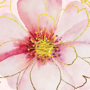 Soft pink petals bloom outward, golden accents highlighting the flower’s glowing heart.