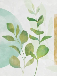 Soft watercolor leaves layer with earthy tones, radiating calm natural harmony.