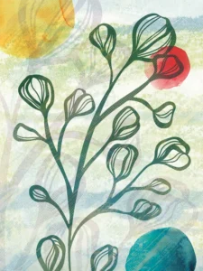 Abstract botanical stems reach upward, surrounded by glowing orbs of sunlit color.