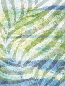 Flowing green and blue patterns overlap, echoing leaves swaying in gentle breeze.