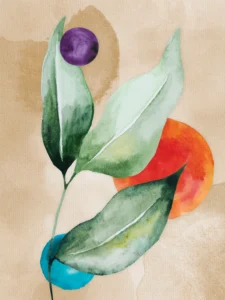 Green leaves rise gracefully, accented by bold circles of purple, orange, blue.