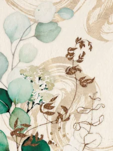 Soft eucalyptus leaves pair with neutral vines, blending nature’s calm with elegance.