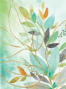 Colorful layered leaves intertwine with shimmering gold lines, radiating energy and elegance.