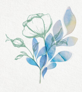 Outlined flower emerges through layered indigo leaves, blending structure with watercolor transparency.