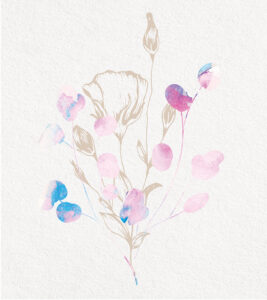 Soft pink watercolor shapes scatter around outlined buds, evoking tender floral elegance.