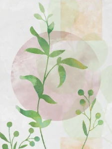 Soft watercolor leaves layer with earthy tones, radiating calm natural harmony.