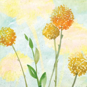 Warm watercolor blossoms sway gently, glowing golden against soft skies of dawn.
