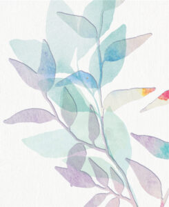 Translucent leaves overlap in watercolor layers, evoking calm, balance, and gentle serenity.