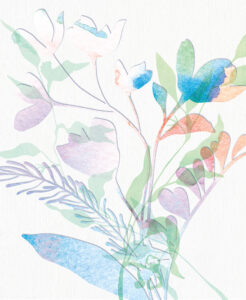 Colorful blossoms intertwine in layered washes, celebrating nature’s rhythm through abstract transparency.