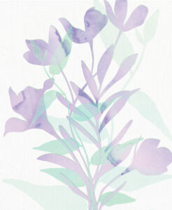 Lavender petals unfold gracefully, paired with soft green leaves in tranquil watercolor harmony.