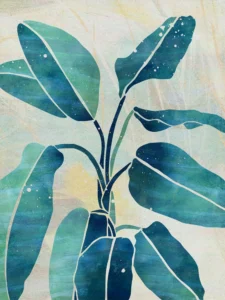 Elongated leaves ascend skyward, washed in layered gradients of deep, serene blues.