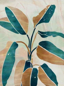 Leaf forms glow with earthy radiance, merging tranquil greens and golden undertones.