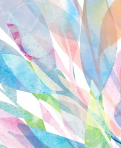 Layered watercolor leaves overlap gracefully, blending soft blues, pinks, and greens in harmony.
