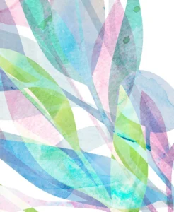 Delicate translucent leaves weave upward, merging turquoise, lilac, and fresh green washes.