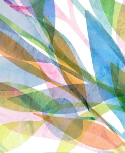 Overlapping leaves cascade dynamically, vibrant with orange, green, and aqua watercolor layers.