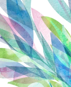 Cool greens and blues interlace, forming a luminous, layered watercolor leaf canopy.