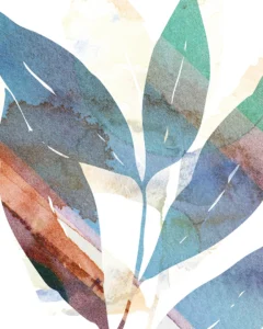Watercolor leaves overlap in earthy blues and reds, evoking natural strength.