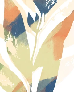 Soft gradients of orange, green, and blue merge in abstract leaf silhouettes.