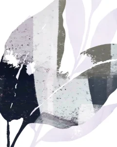 Bold grayscale leaves layer with textured surfaces, balancing raw contrast and elegance.