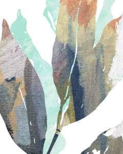 Painterly strokes of brown and aqua form leaves, blending texture and translucence.