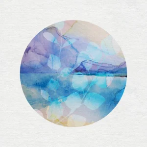 Ocean horizon merges with translucent leaves, painted in serene blue-violet gradients.