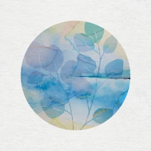 Subtle leaves emerge through layered watercolor blues, balancing horizon and ethereal depth.
