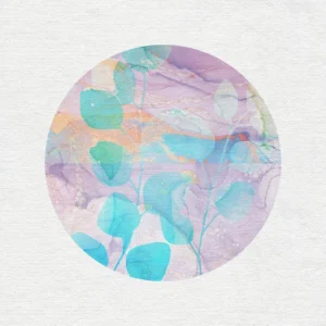 Bright turquoise leaves glow against lilac textures, blending vibrancy with delicate tranquility.