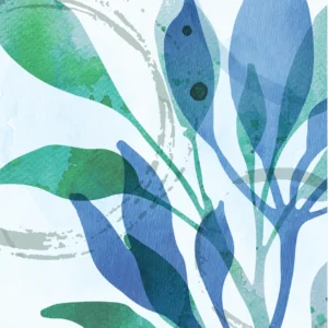 Layered blue and green leaves intertwine gracefully, creating depth through soft transparency.